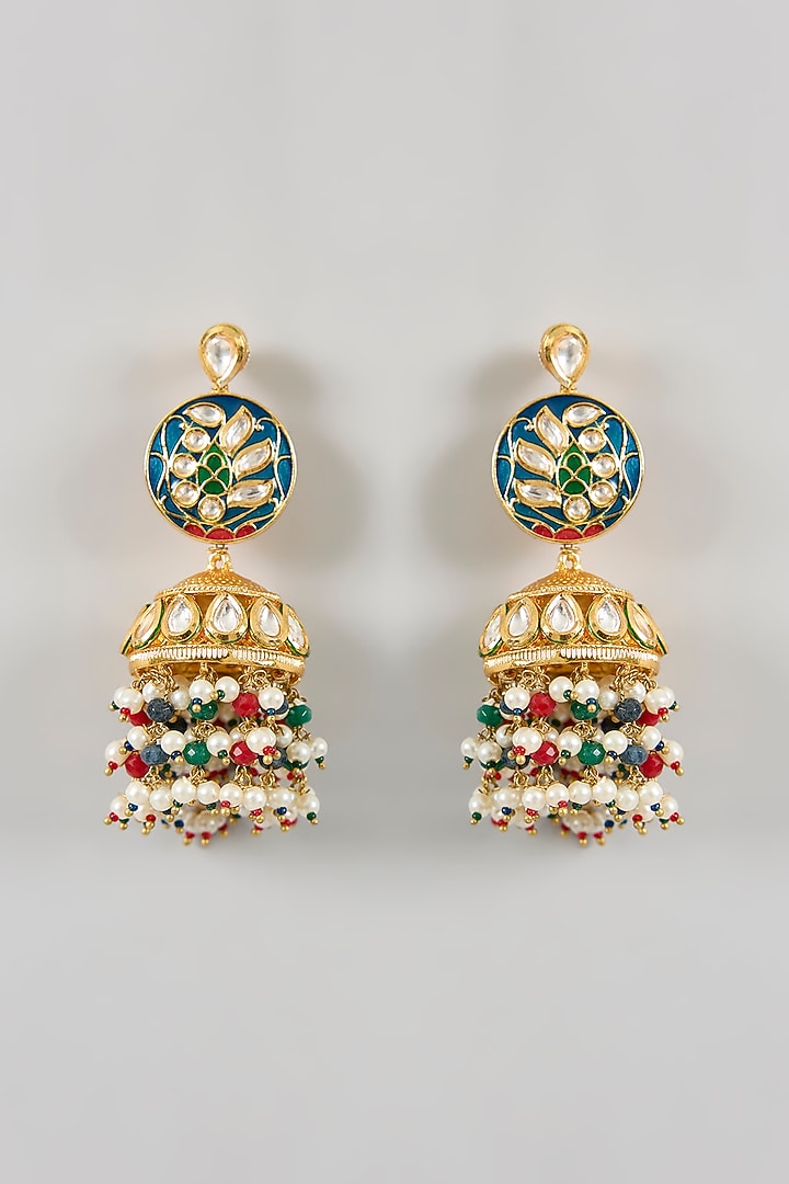 Gold Plated Kundan Polki & Multi-Colored Beaded Jhumka Earrings by Minaki at Pernia's Pop Up Shop