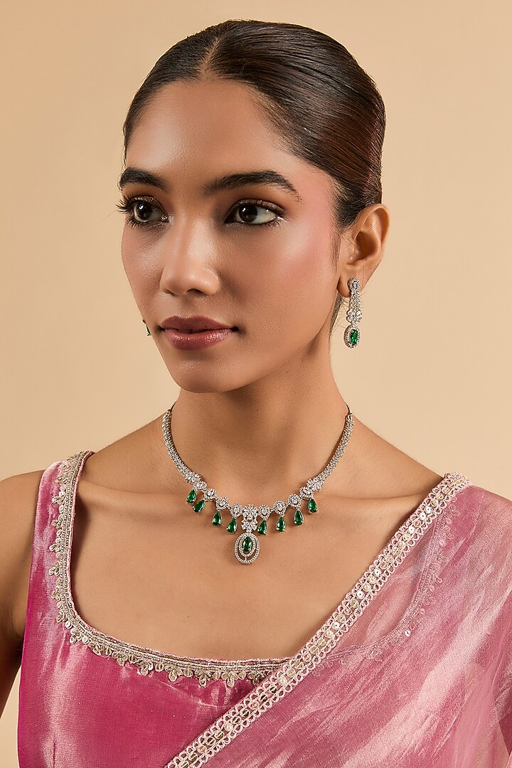White Gold Finish Green Cubic Zirconia Necklace Set by Minaki at Pernia's Pop Up Shop
