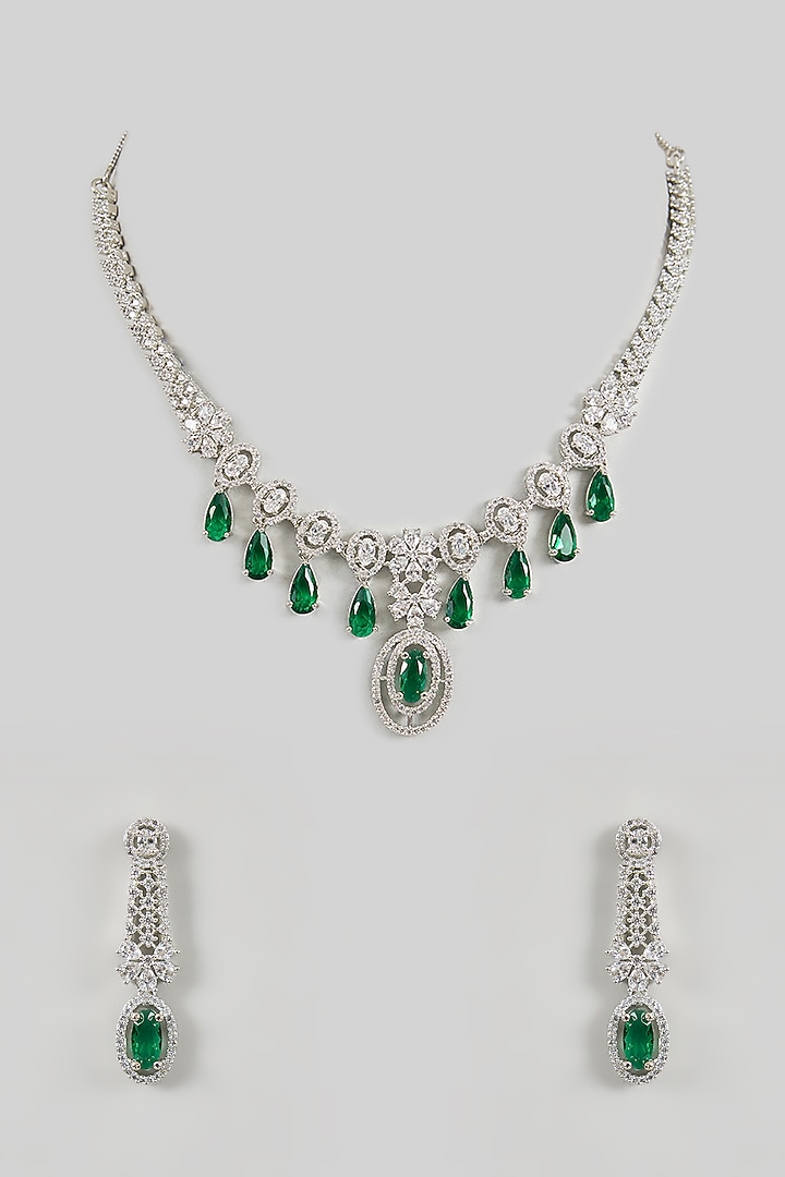 White Gold Finish Green Cubic Zirconia Necklace Set by Minaki at Pernia's Pop Up Shop
