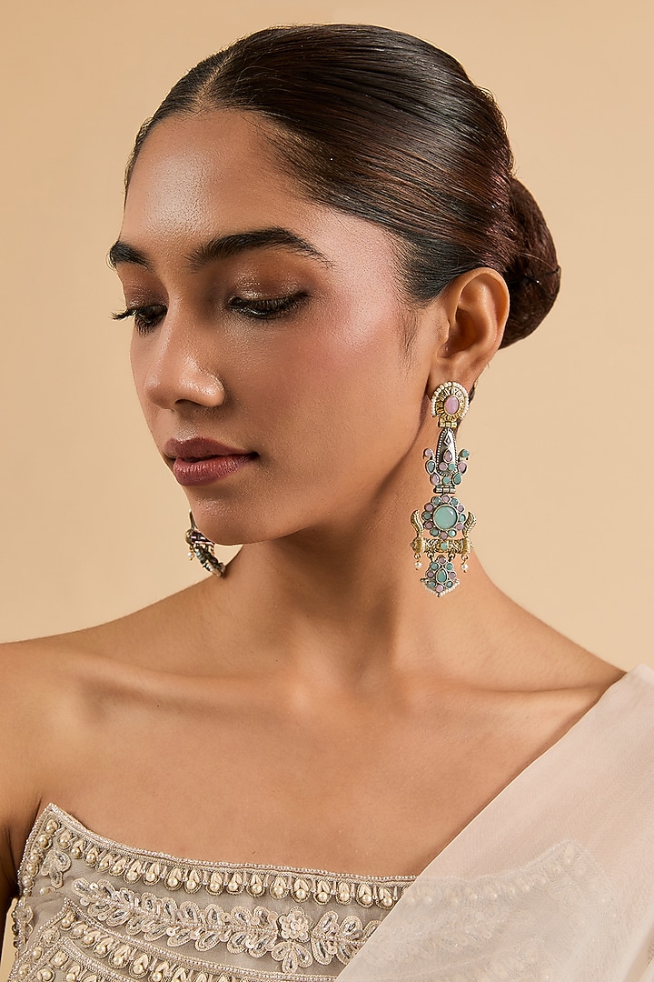 Two Tone Finish Green & Pink Stone Dangler Earrings by Minaki at Pernia's Pop Up Shop