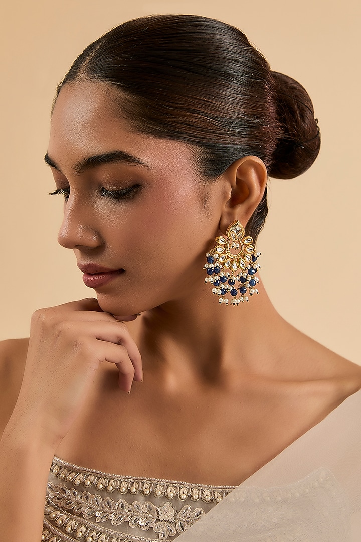 Gold Plated Kundan Polki & Blue Beaded Chandbali Earrings by Minaki at Pernia's Pop Up Shop