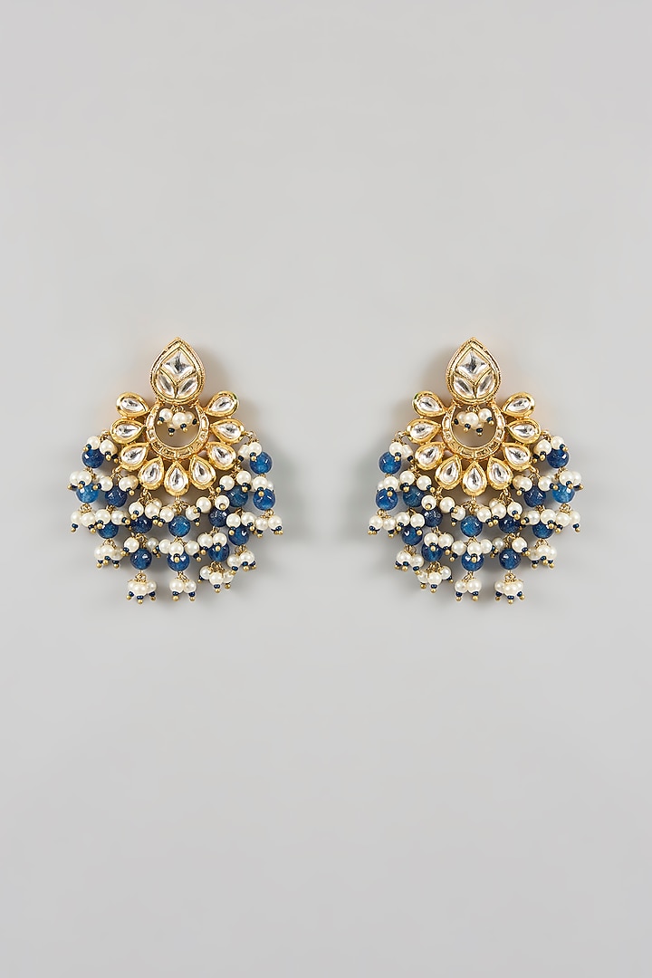 Gold Plated Kundan Polki & Blue Beaded Chandbali Earrings by Minaki at Pernia's Pop Up Shop