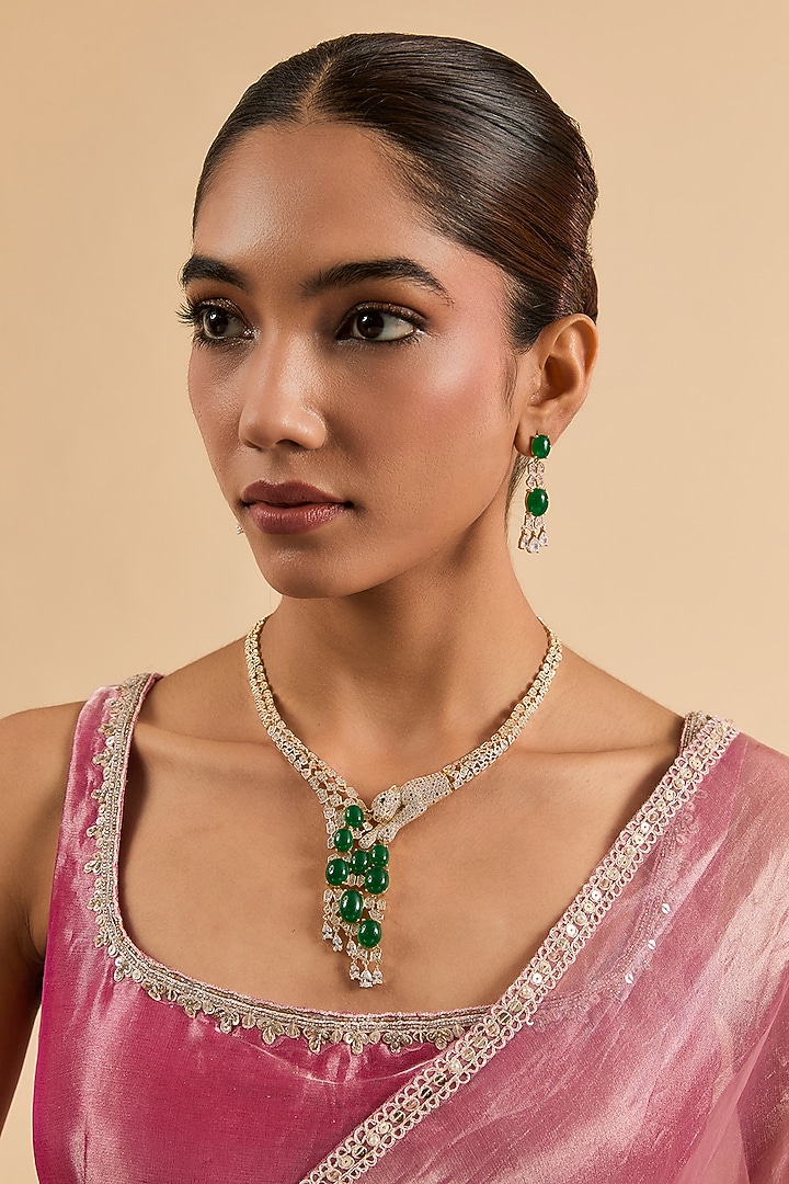 Gold Plated Green Cubic Zirconia Panther Necklace Set by Minaki at Pernia's Pop Up Shop