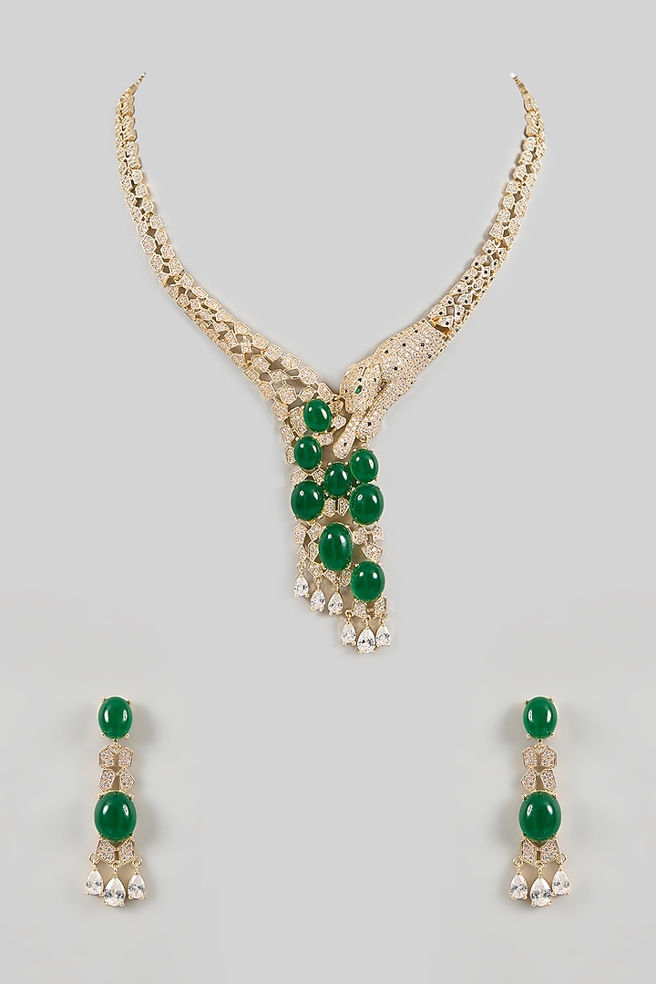 Gold Plated Green Cubic Zirconia Panther Necklace Set by Minaki at Pernia's Pop Up Shop