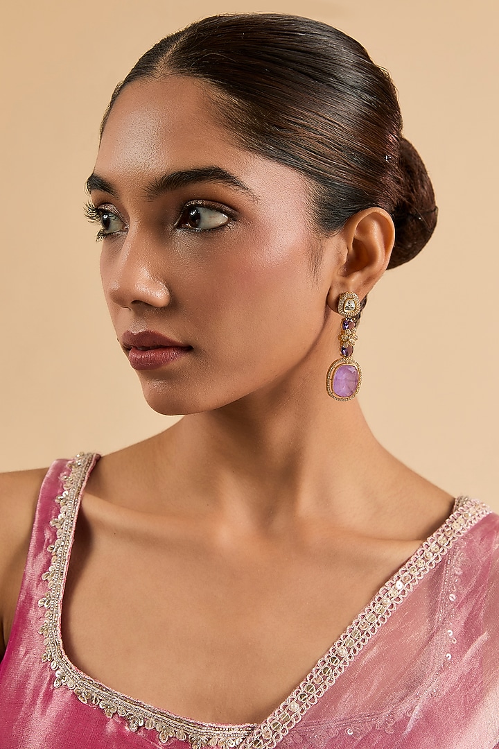 Gold Plated Kundan Polki & Purple Stone Dangler Earrings by Minaki at Pernia's Pop Up Shop