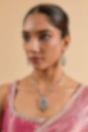 White Gold Finish Green Cubic Zirconia Pendant Necklace Set by Minaki at Pernia's Pop Up Shop