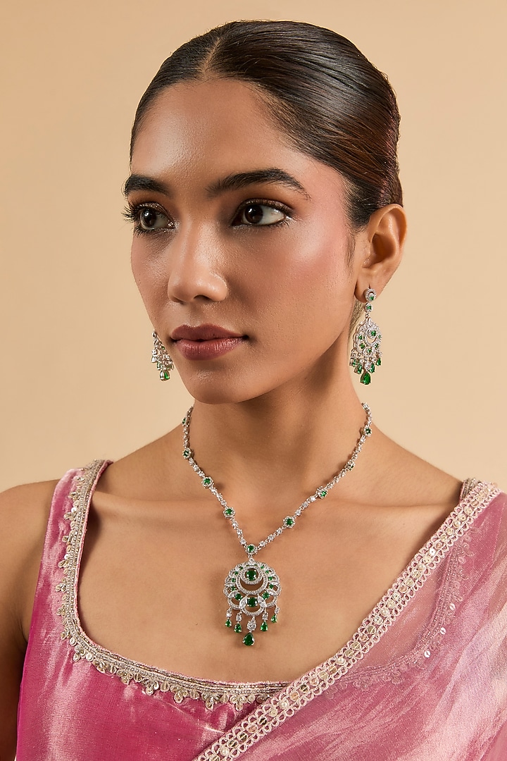 White Gold Finish Green Cubic Zirconia Pendant Necklace Set by Minaki at Pernia's Pop Up Shop