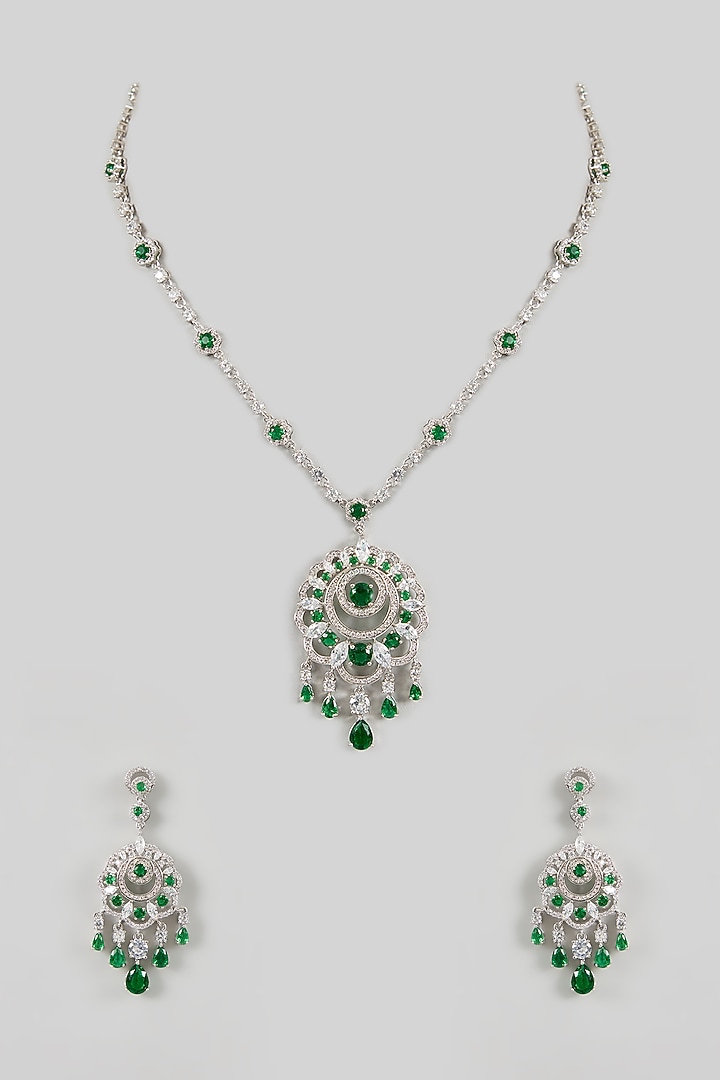 White Gold Finish Green Cubic Zirconia Pendant Necklace Set by Minaki at Pernia's Pop Up Shop