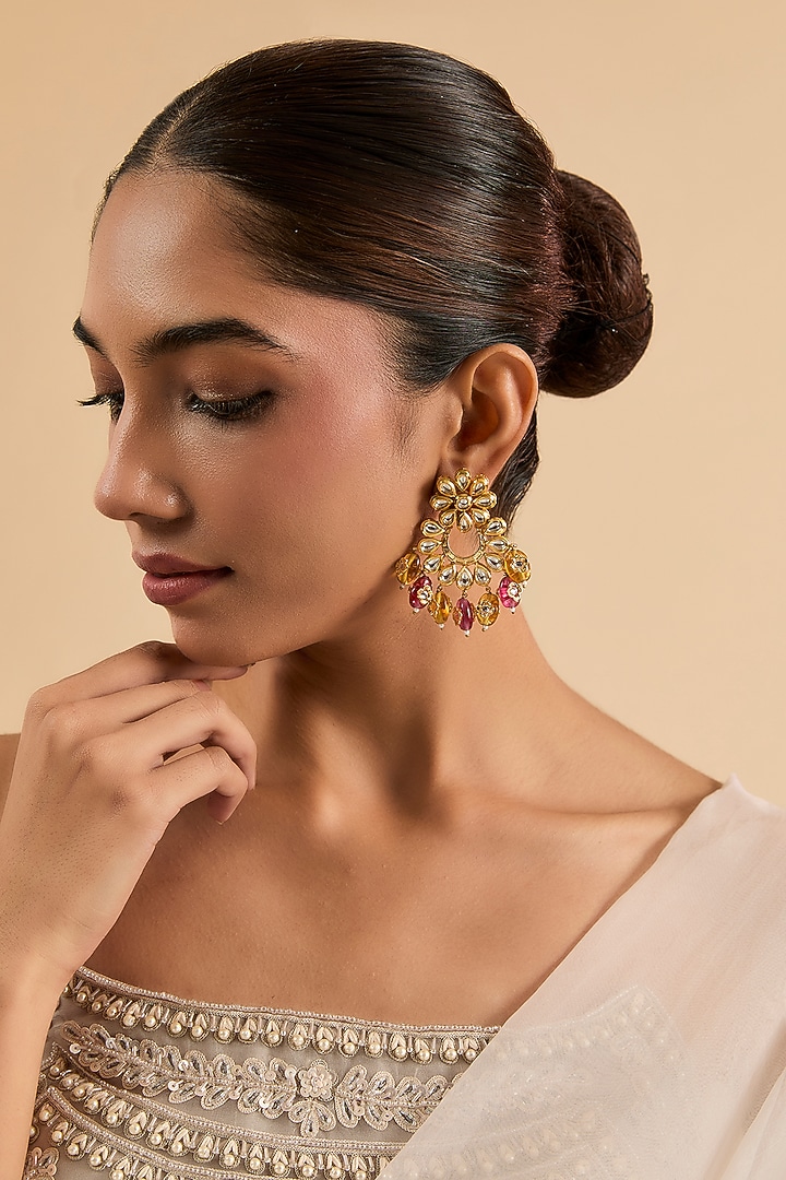 Gold Plated Kundan Polki & Beaded Chandbali Earrings by Minaki at Pernia's Pop Up Shop