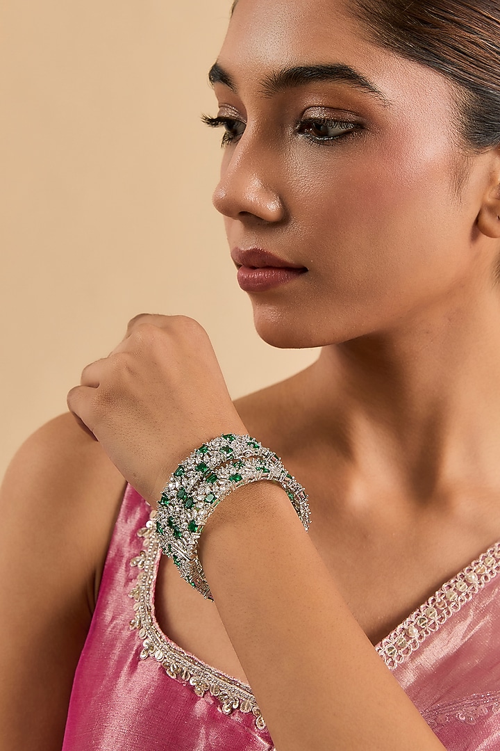 White Gold Finish Green Cubic Zirconia Bracelets (Set Of 2) by Minaki at Pernia's Pop Up Shop