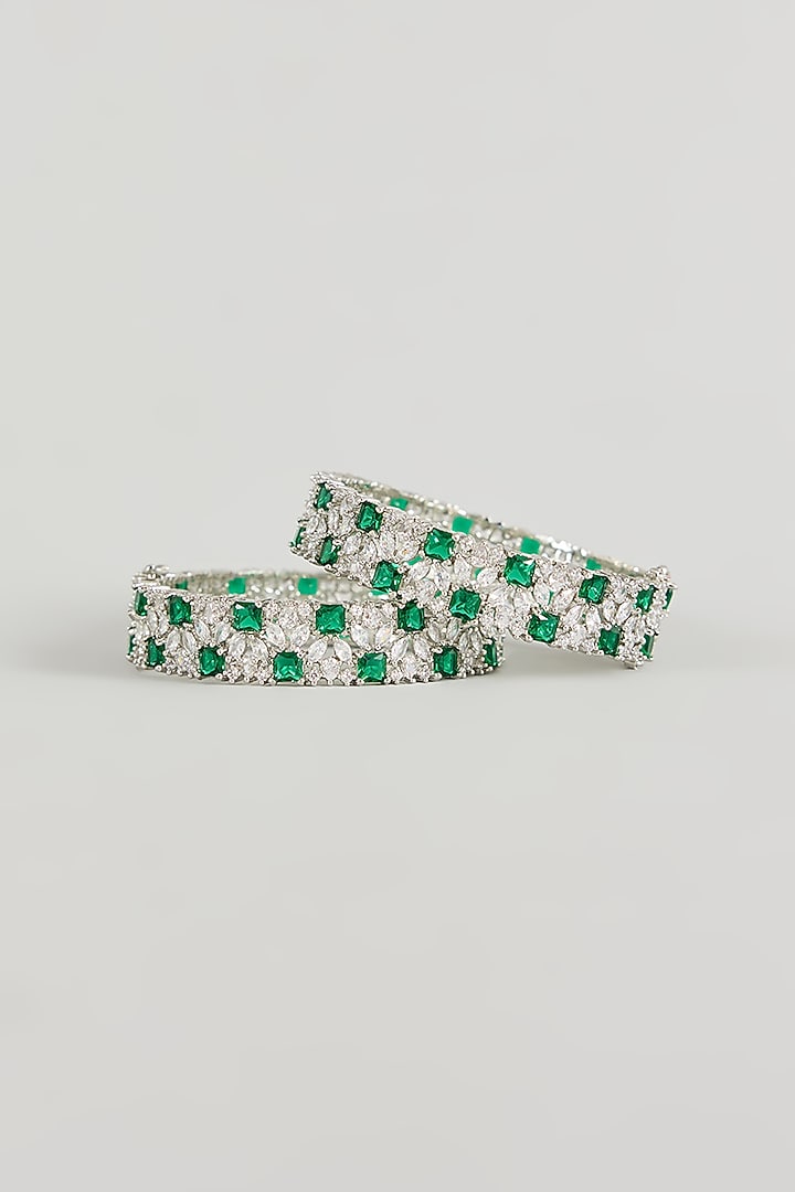 White Gold Finish Green Cubic Zirconia Bracelets (Set Of 2) by Minaki at Pernia's Pop Up Shop