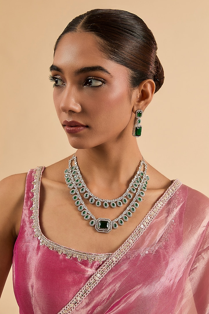White Gold Finish Green Cubic Zirconia Necklace Set by Minaki at Pernia's Pop Up Shop