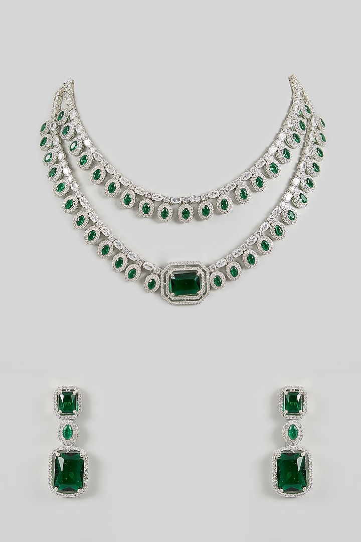 White Gold Finish Green Cubic Zirconia Necklace Set by Minaki at Pernia's Pop Up Shop