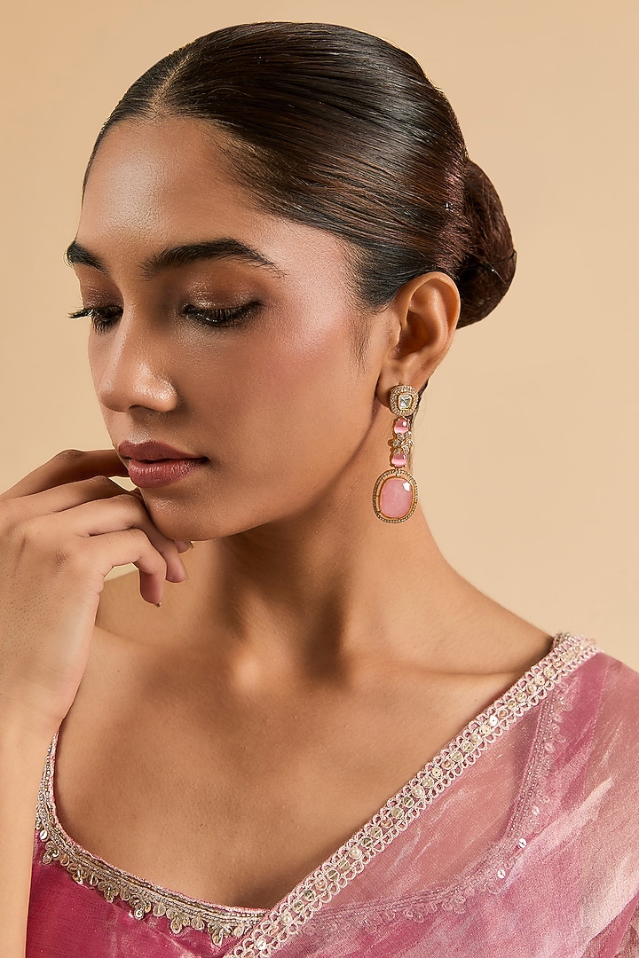 Gold Plated Kundan Polki & Pink Stone Dangler Earrings by Minaki at Pernia's Pop Up Shop