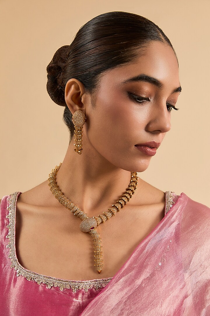 Gold Plated Red Cubic Zirconia Necklace Set by Minaki at Pernia's Pop Up Shop