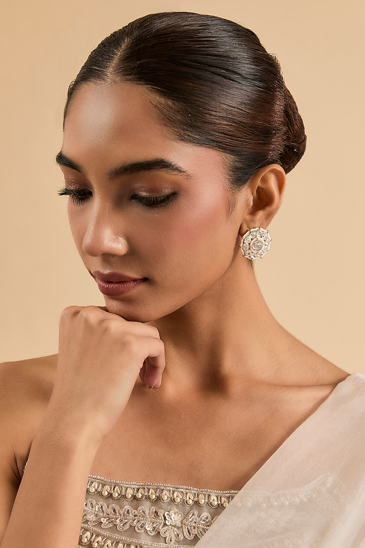 Gold Plated Kundan Polki & Pearl Stud Earrings by Minaki at Pernia's Pop Up Shop