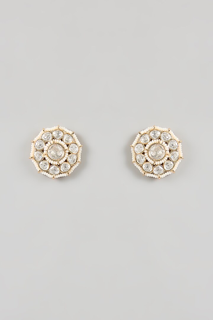 Gold Plated Kundan Polki & Pearl Stud Earrings by Minaki at Pernia's Pop Up Shop