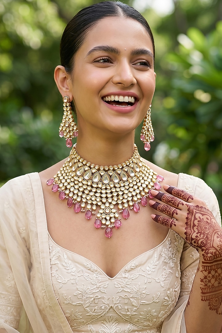 Gold Plated Kundan Polki & Pearl Meenakari Choker Necklace Set by Minaki at Pernia's Pop Up Shop