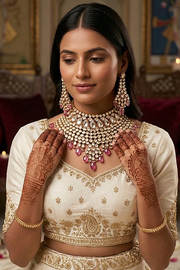 Gold Plated Kundan Polki & Pearl Meenakari Choker Necklace Set by Minaki at Pernia's Pop Up Shop