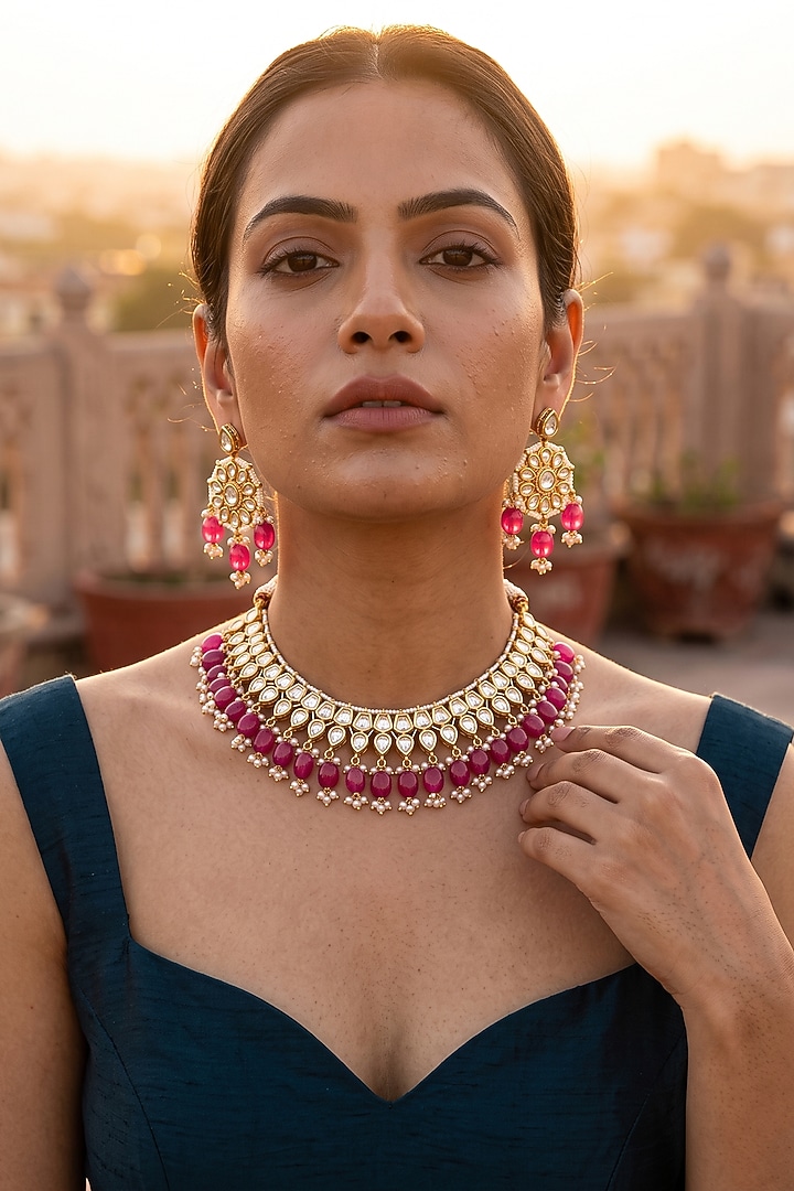 Gold Plated Kundan Polki Meenakari Necklace Set by Minaki at Pernia's Pop Up Shop