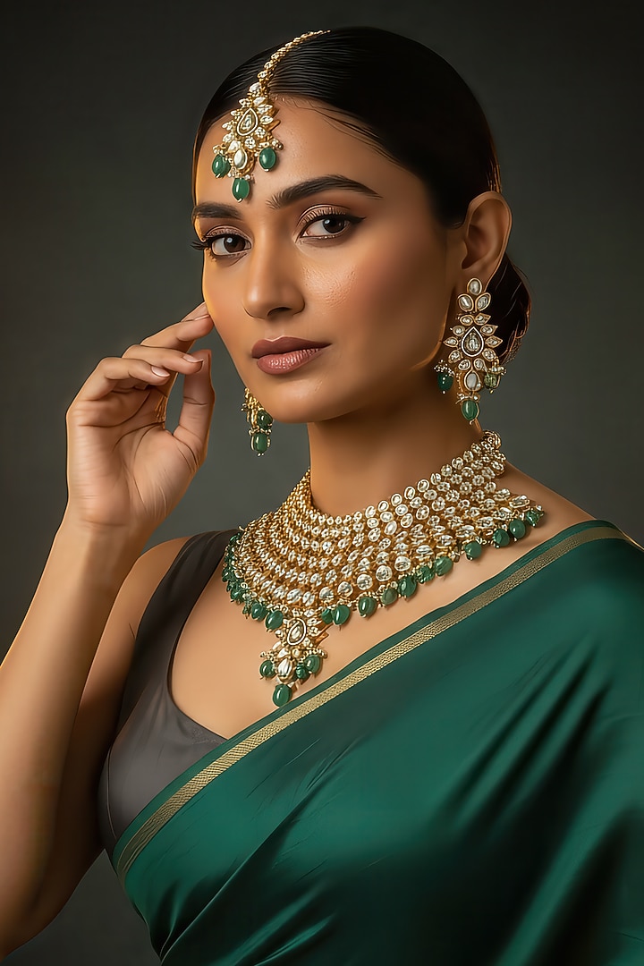 Gold Plated Green Kundan Polki & Pearl Choker Necklace Set by Minaki at Pernia's Pop Up Shop