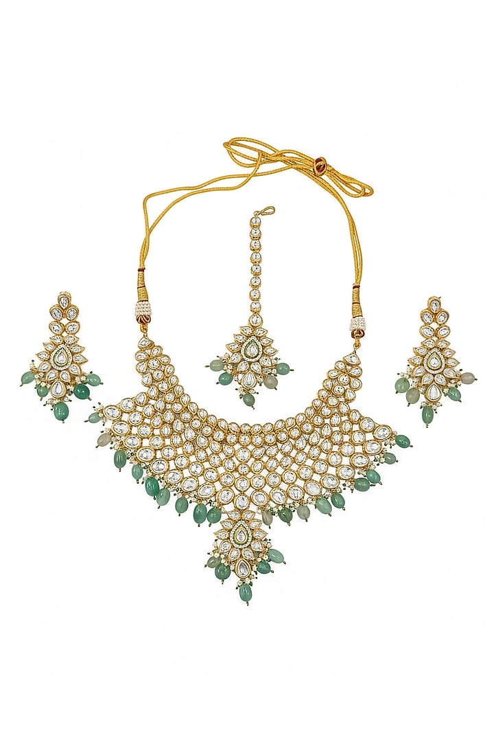 Gold Plated Green Kundan Polki & Pearl Choker Necklace Set by Minaki at Pernia's Pop Up Shop