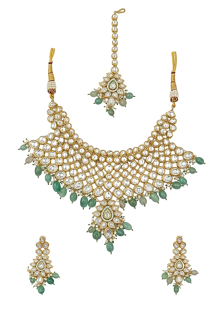 Gold Plated Green Kundan Polki & Pearl Choker Necklace Set by Minaki at Pernia's Pop Up Shop