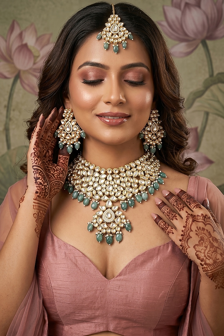 Gold Plated Kundan Polki & Emerald Stone Choker Necklace Set by Minaki at Pernia's Pop Up Shop