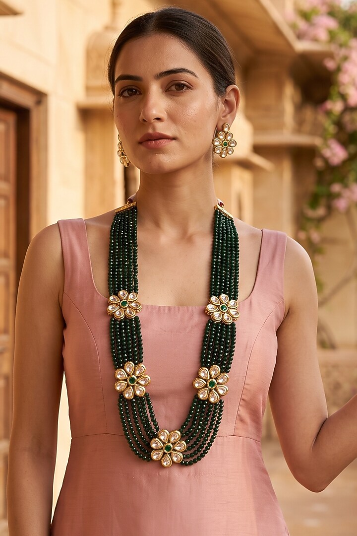 Gold Plated Kundan Polki & Emerald Stone Long Necklace Set by Minaki at Pernia's Pop Up Shop