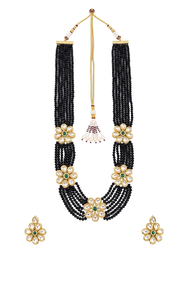 Gold Plated Kundan Polki & Emerald Stone Long Necklace Set by Minaki at Pernia's Pop Up Shop