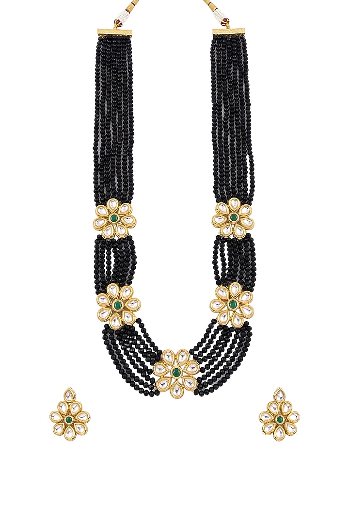 Gold Plated Kundan Polki & Emerald Stone Long Necklace Set by Minaki at Pernia's Pop Up Shop