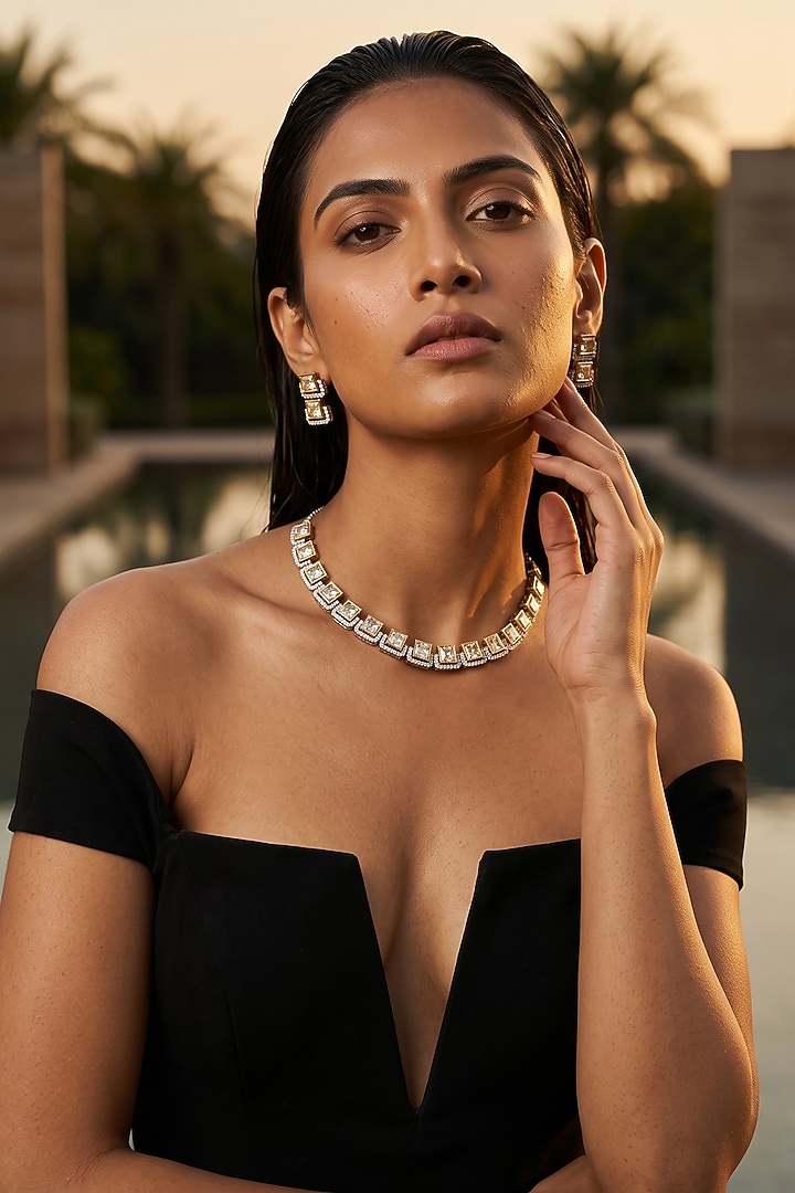 Gold Plated Greyb Kundan Polki & Pearl Necklace Set by Minaki at Pernia's Pop Up Shop