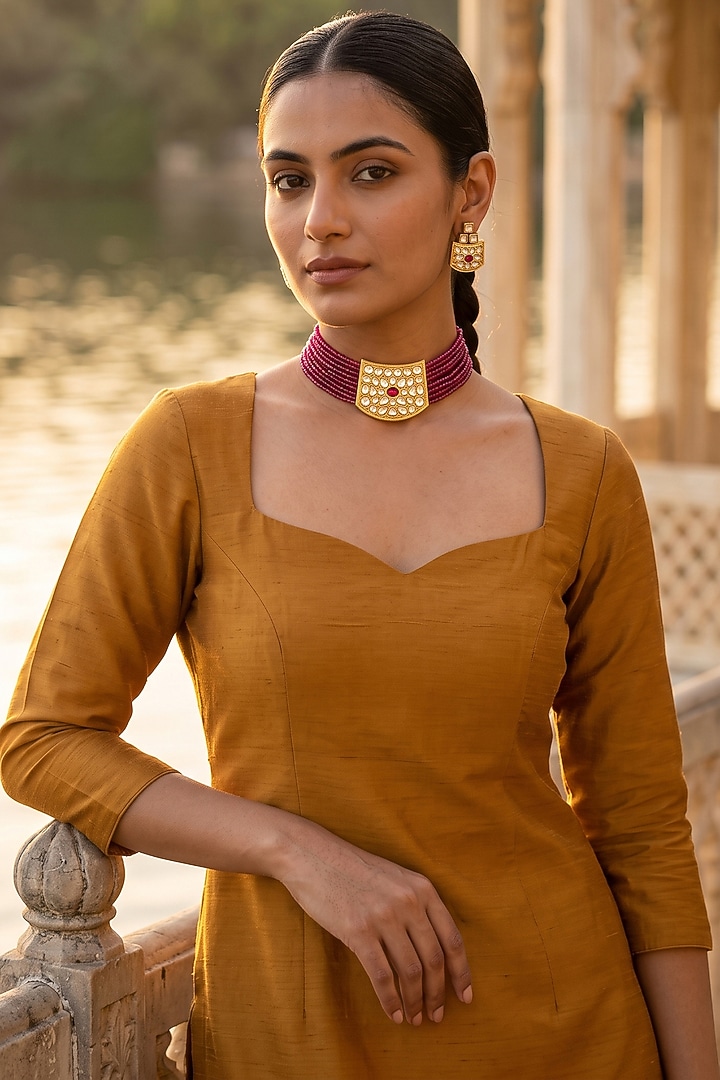 Gold Plated Ruby Kundan Polki Choker Necklace Set by Minaki at Pernia's Pop Up Shop