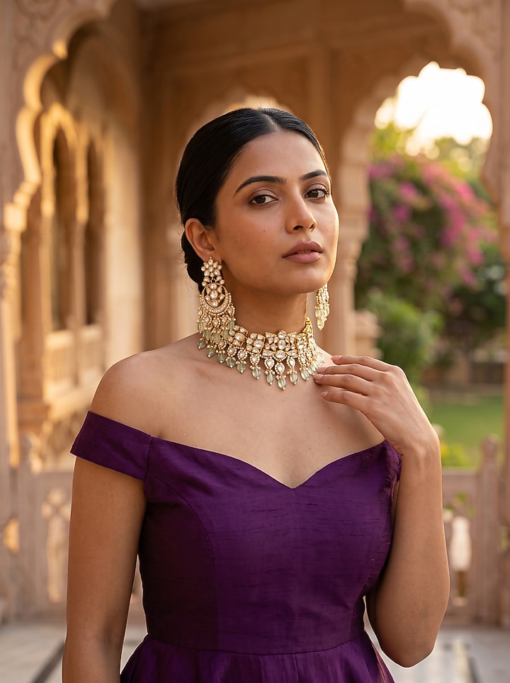 Gold Plated Mint Kundan Polki & Pearl Necklace Set by Minaki at Pernia's Pop Up Shop