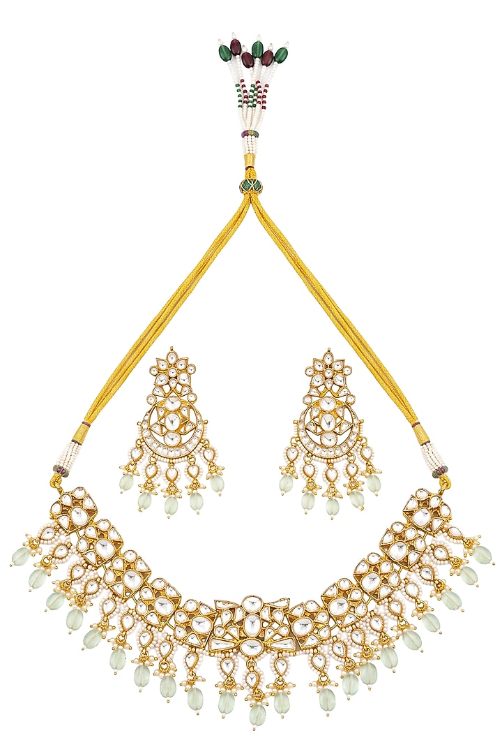 Gold Plated Mint Kundan Polki & Pearl Necklace Set by Minaki at Pernia's Pop Up Shop