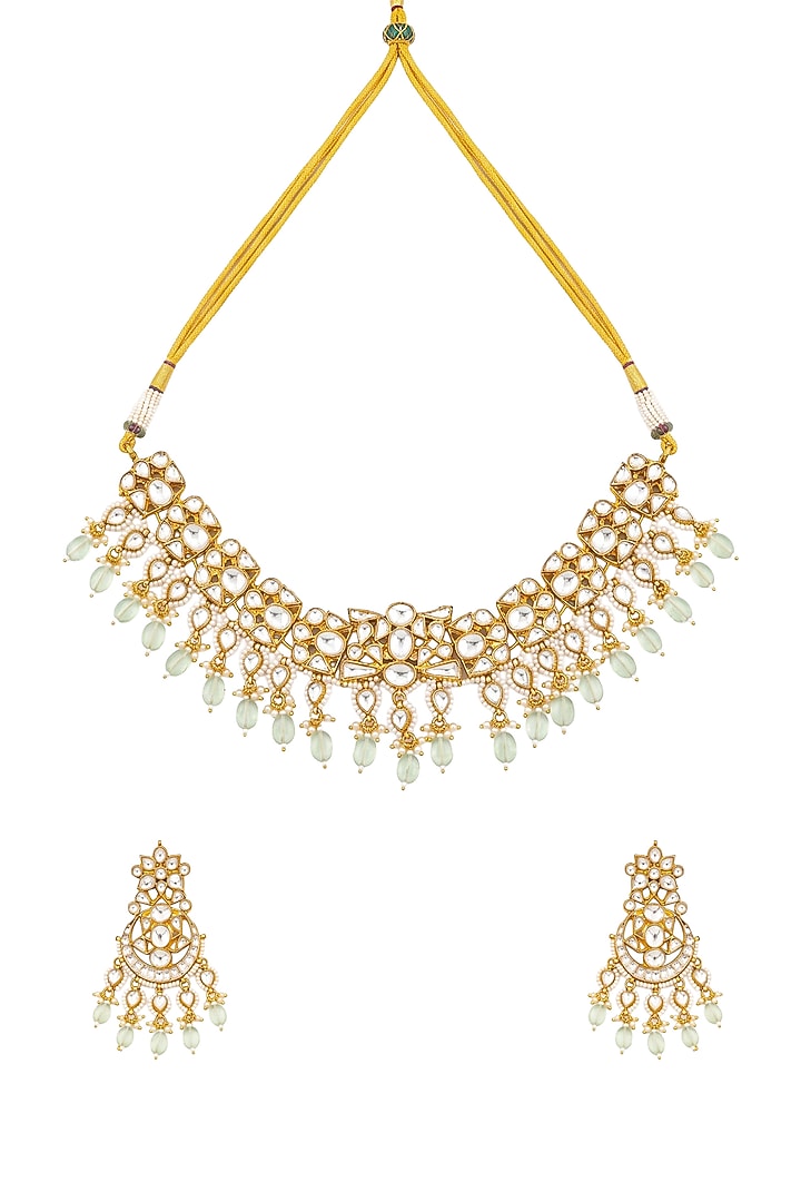 Gold Plated Mint Kundan Polki & Pearl Necklace Set by Minaki at Pernia's Pop Up Shop