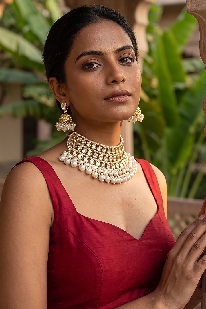 Gold Plated Kundan Polki & Pearl Choker Necklace Set by Minaki at Pernia's Pop Up Shop
