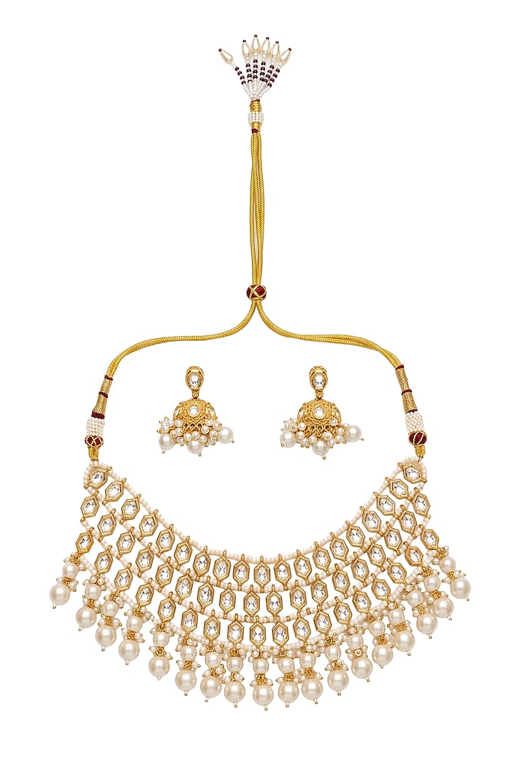 Gold Plated Kundan Polki & Pearl Choker Necklace Set by Minaki at Pernia's Pop Up Shop