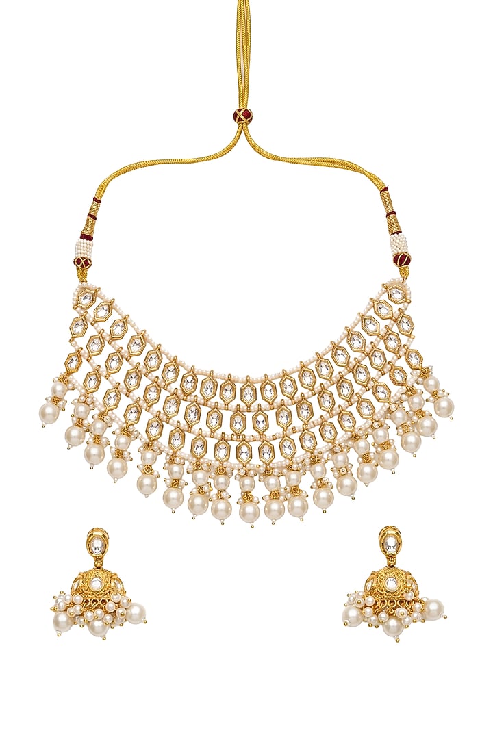 Gold Plated Kundan Polki & Pearl Choker Necklace Set by Minaki at Pernia's Pop Up Shop