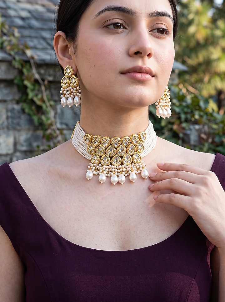 Gold Plated Kundan Polki & Pearl Choker Necklace Set by Minaki at Pernia's Pop Up Shop