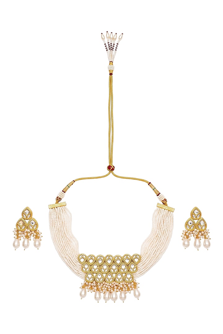 Gold Plated Kundan Polki & Pearl Choker Necklace Set by Minaki at Pernia's Pop Up Shop