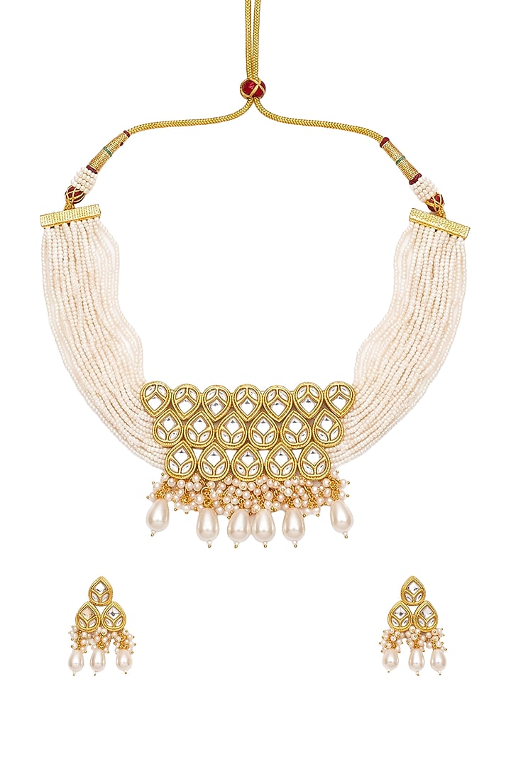 Gold Plated Kundan Polki & Pearl Choker Necklace Set by Minaki at Pernia's Pop Up Shop