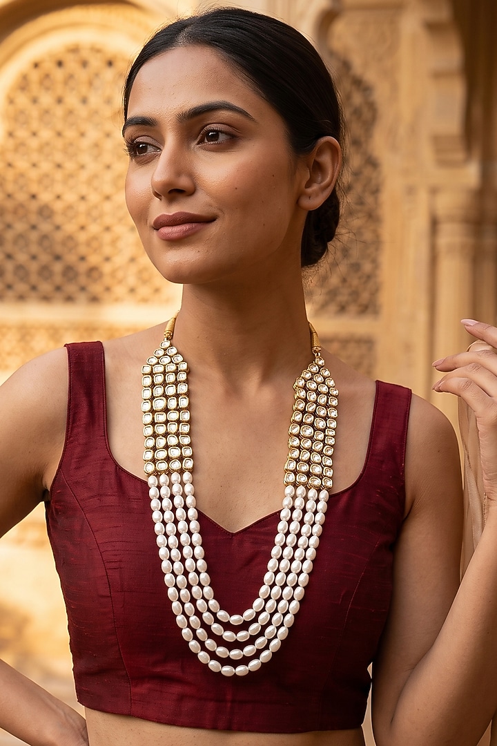 Gold Plated Kundan Polki & Pearl Layered Necklace by Minaki at Pernia's Pop Up Shop