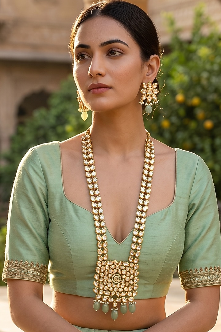 Gold Plated Kundan Polki & Emerald Stone Long Necklace Set by Minaki at Pernia's Pop Up Shop