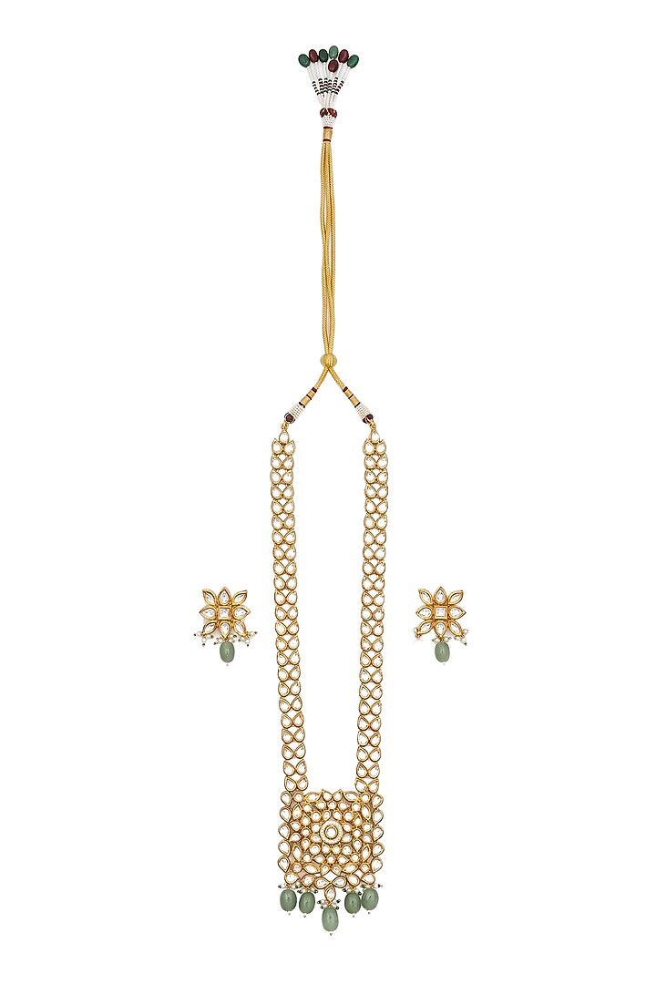 Gold Plated Kundan Polki & Emerald Stone Long Necklace Set by Minaki at Pernia's Pop Up Shop