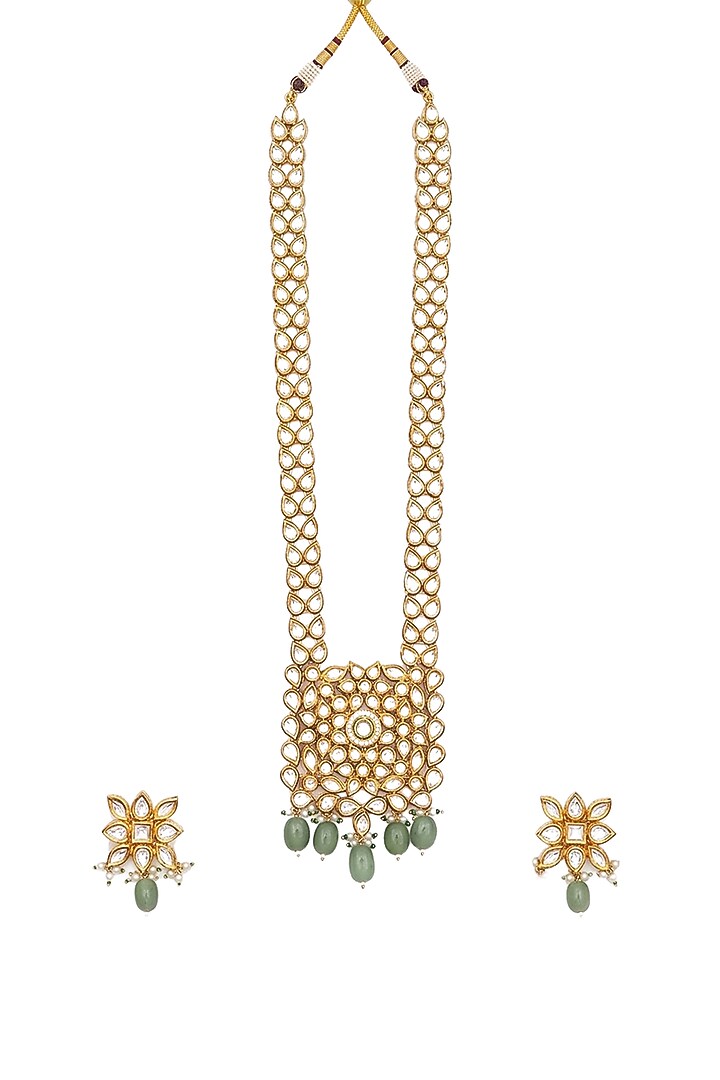 Gold Plated Kundan Polki & Emerald Stone Long Necklace Set by Minaki at Pernia's Pop Up Shop