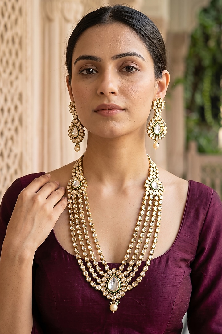 Gold Plated Kundan Polki & Pearl Layered Necklace Set by Minaki at Pernia's Pop Up Shop