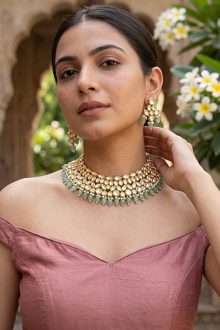 Gold Plated Kundan Polki & Emerald Stone Necklace Set by Minaki at Pernia's Pop Up Shop