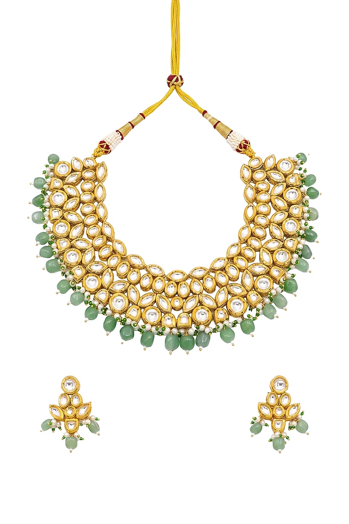 Gold Plated Kundan Polki & Emerald Stone Necklace Set by Minaki at Pernia's Pop Up Shop