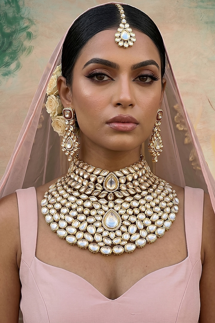 Gold Plated Kundan Polki & Zircon Necklace Set by Minaki at Pernia's Pop Up Shop